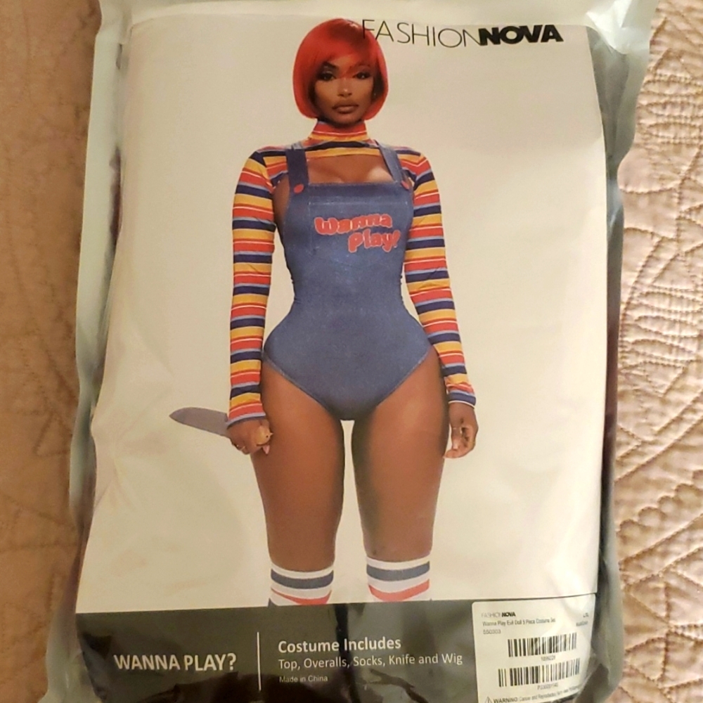 Fashion Nova Blue Overalls Costume with Multicolor Striped Top